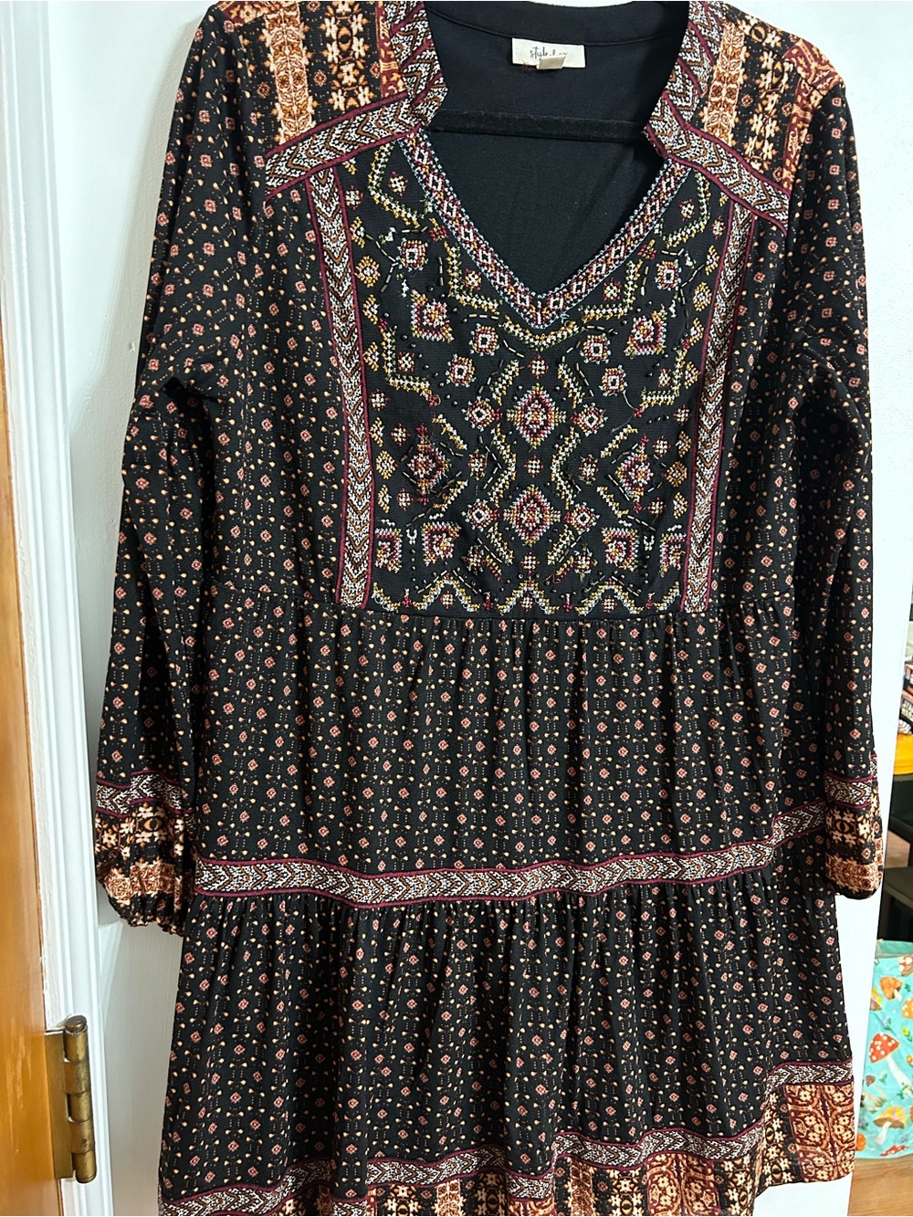Style & Co. Black Long Sleeve Boho Print Dress with Embroidered Yoke